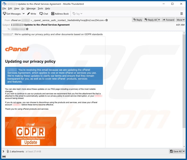 Variant of the cPanel truffa email