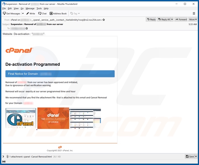 cPanel email scam seconda variante