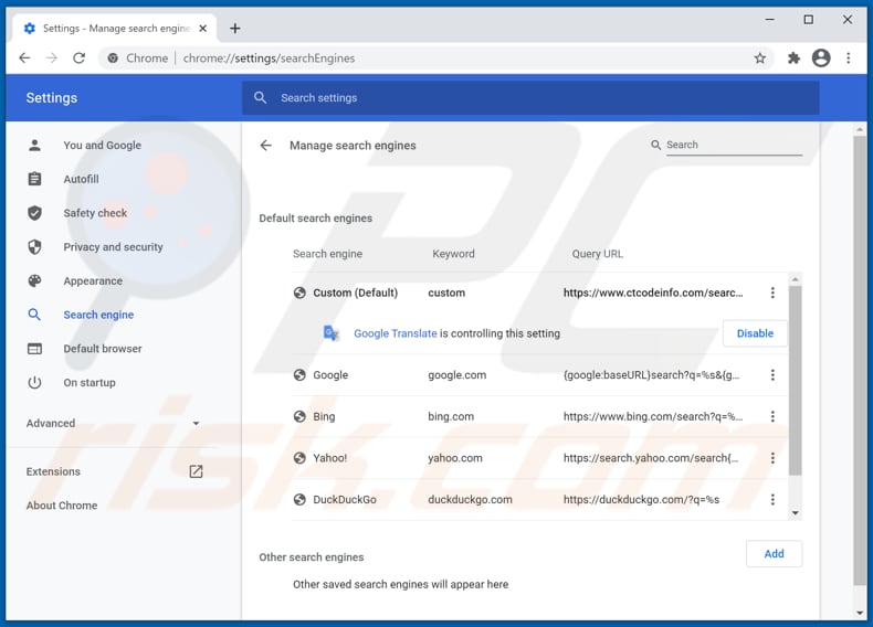 Rimozione di ctcodeinfo.com dal motore di ricerca predefinito di Google Chrome