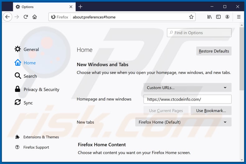 Rimozione di ctcodeinfo.com dalla home page di Mozilla Firefox