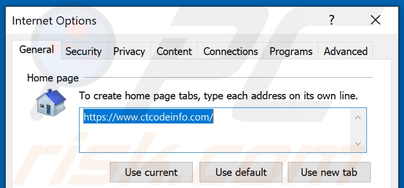 Rimozione di ctcodeinfo.com dalla home page di Internet Explorer