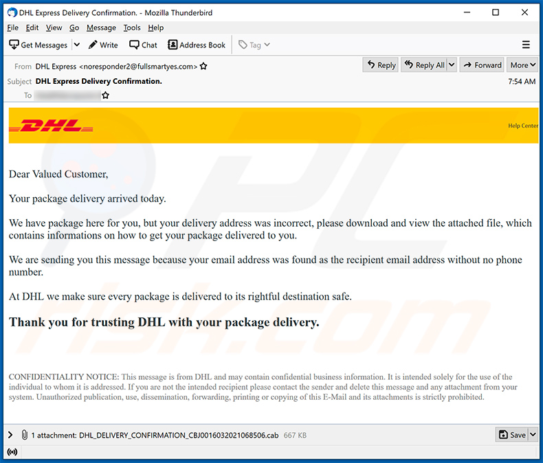 Un altro esempio di e-mail di spam a tema DHL Express utilizzata per la diffusione di Agent Tesla (2021-03-17)