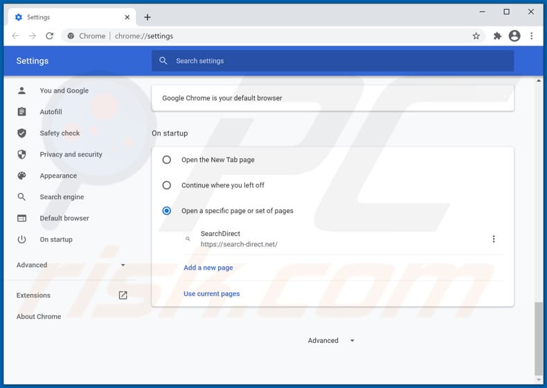 Rimozione di search-direct.net dalla home page di Google Chrome