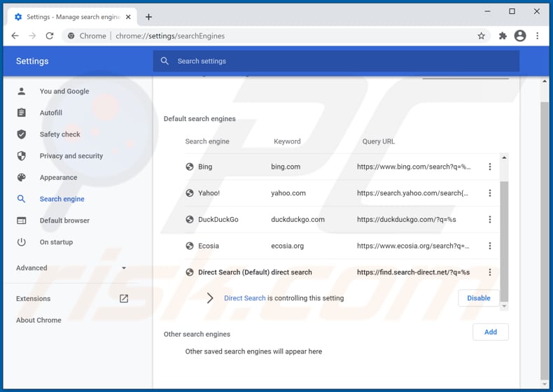 Rimozione di search-direct.net dal motore di ricerca predefinito di Google Chrome