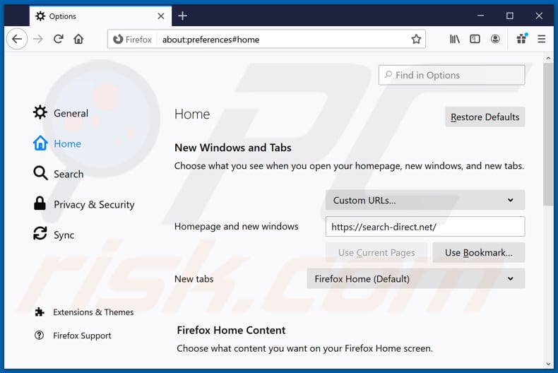 Rimozione di search-direct.net dalla home page di Mozilla Firefox