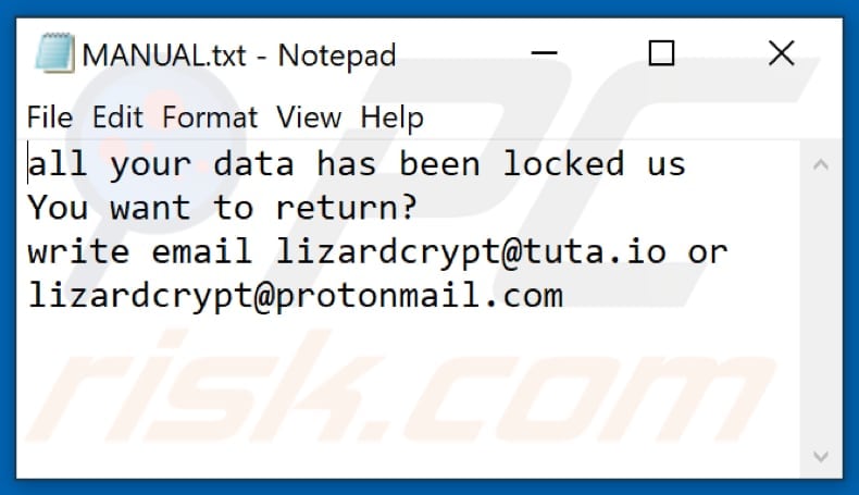 File di testo del ransomware Liz (Manual.txt)
