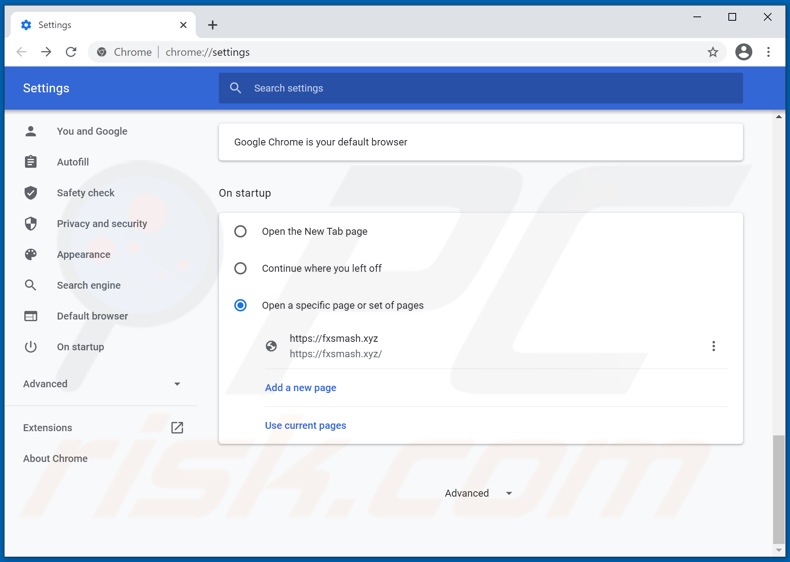 Rimozione di fxsmash.xyz dalla homepage di Google Chrome