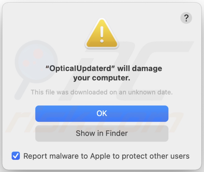 Pop-up di avviso adware OpticalUpdater