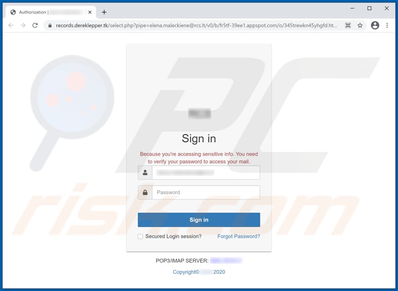password is about to expire today Screenshot del sito web ingannevole utilizzato in questa variante
