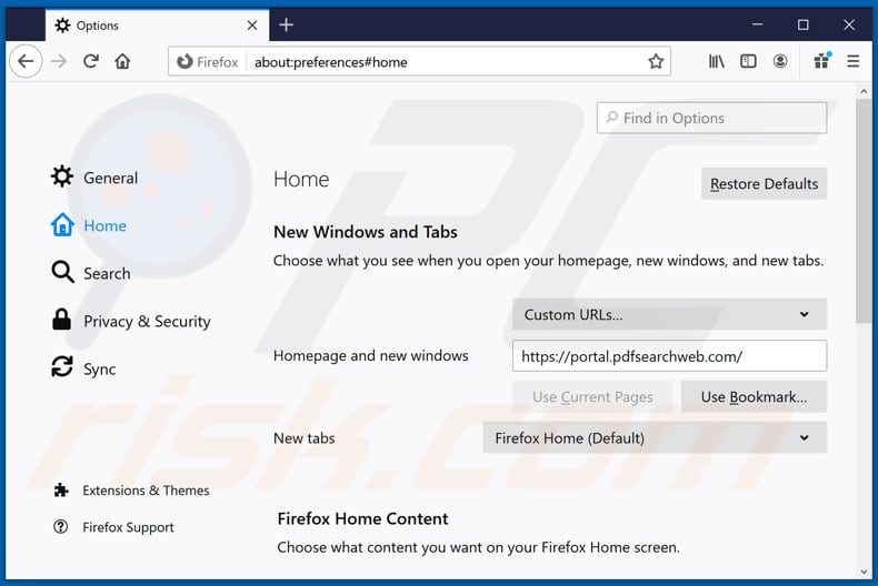 Rimozione di pdfsearchweb.com dalla home page di Mozilla Firefox