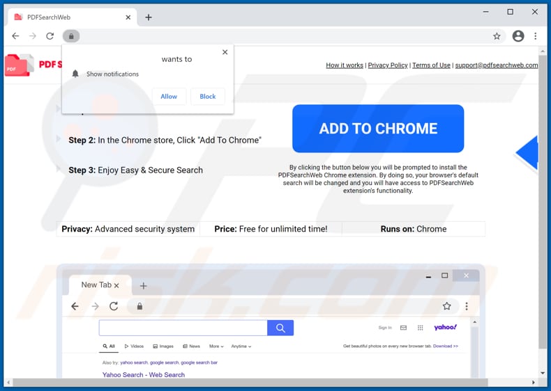 Un'altra pagina che promuove il dirottatore del browser PDFSearchWeb