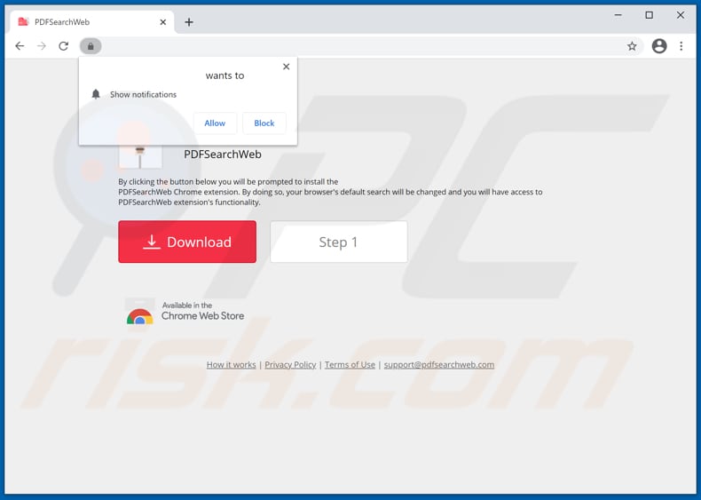 Sito web che promuove il dirottatore del browser PDFSearchWeb