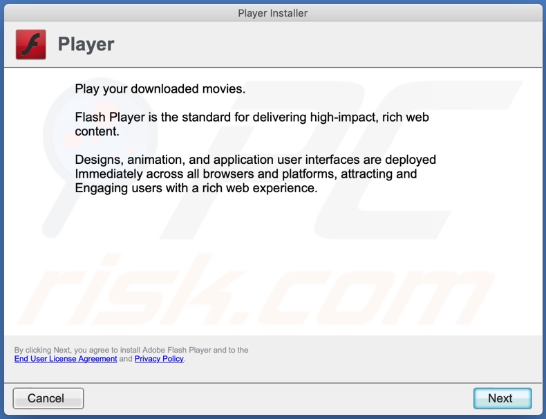 Installer malevolo (falso aggiornamento di Adobe Flash Player) promuovere varie applicazioni adware che forniscono questo falso pop-up;  Secondo passaggio di installazione: