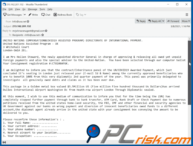 UNITED NATIONS COMPENSATION (COVID19 ASSISTED PROGRAM) aspetto delle e-mail truffa (GIF)