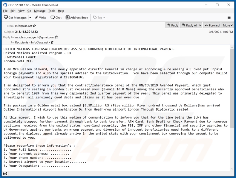 UNITED NATIONS COMPENSATION (COVID19 ASSISTED PROGRAM) campagna di spam via e-mail