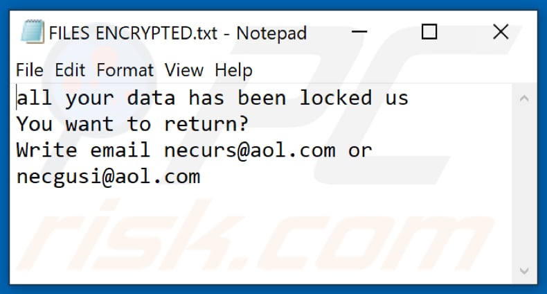 File di testo del ransomware Urs (FILES ENCRYPTED.txt)