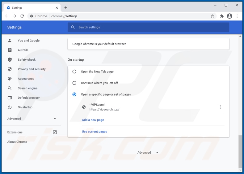Rimozione di vipsearch.guru dalla home page di Google Chrome
