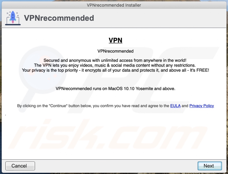 Programma di installazione ingannevole utilizzato per promuovere VPNrecommended (step 2)