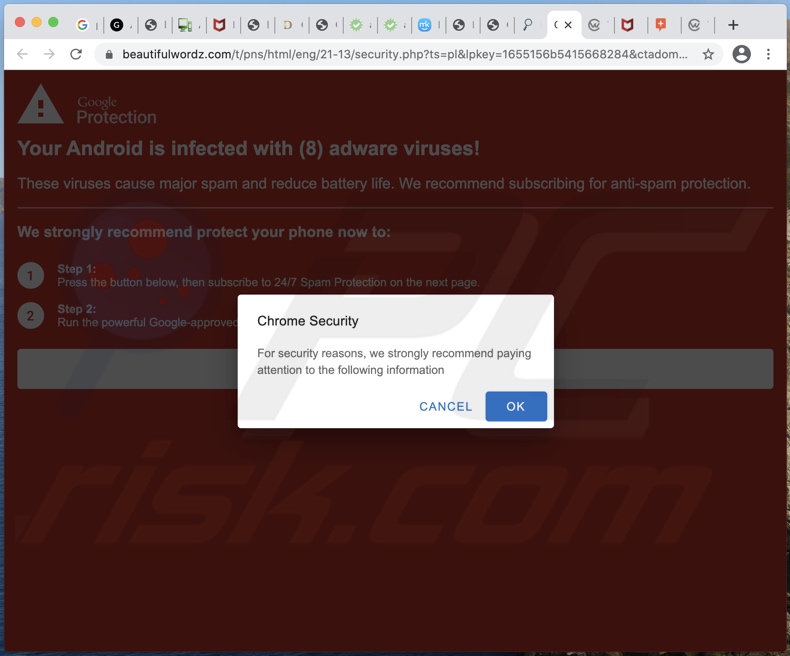 Your Android is infected with (8) adware viruses! truffa
