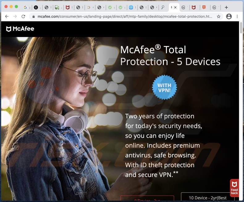Schermata del sito Web dell'antivirus McAfee promosso dalla truffa 