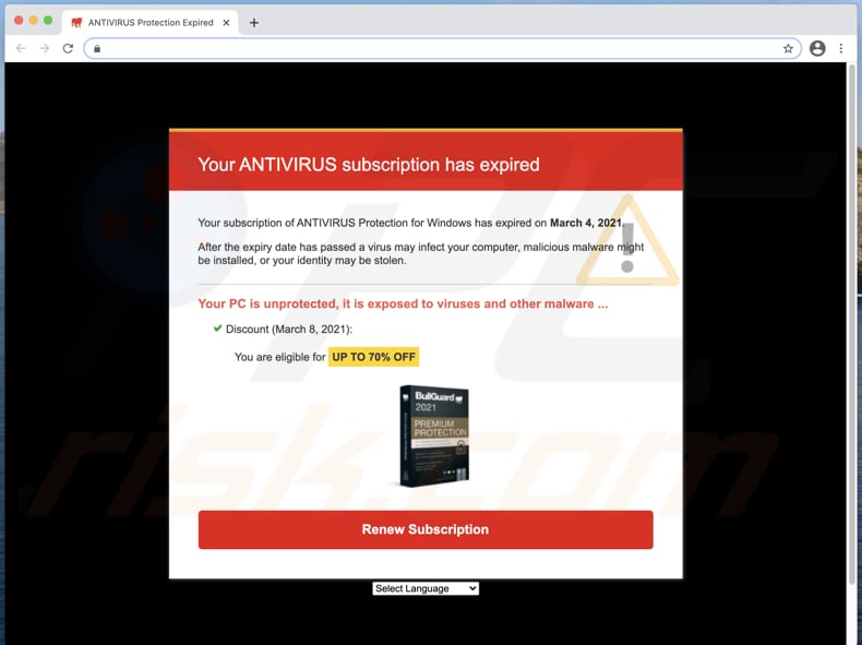 Your ANTIVIRUS subscription has expired truffa