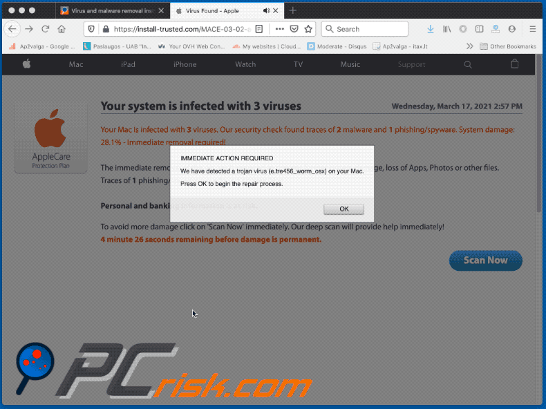 Your System Is Infected With 3 Viruses variante truffa pop-up (2021-03-17 - GIF)
