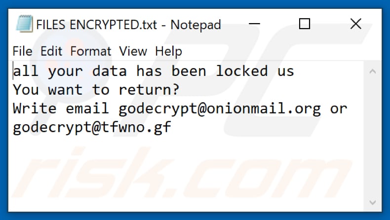 File di testo del ransomware 4o4 (FILES ENCRYPTED.txt)
