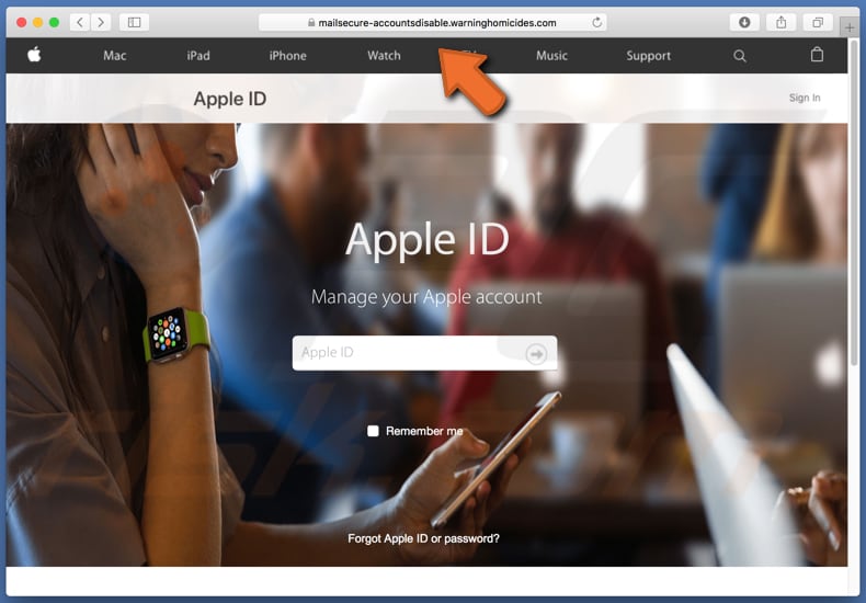 Screenshot del sito Web di accesso con l'ID Apple falso