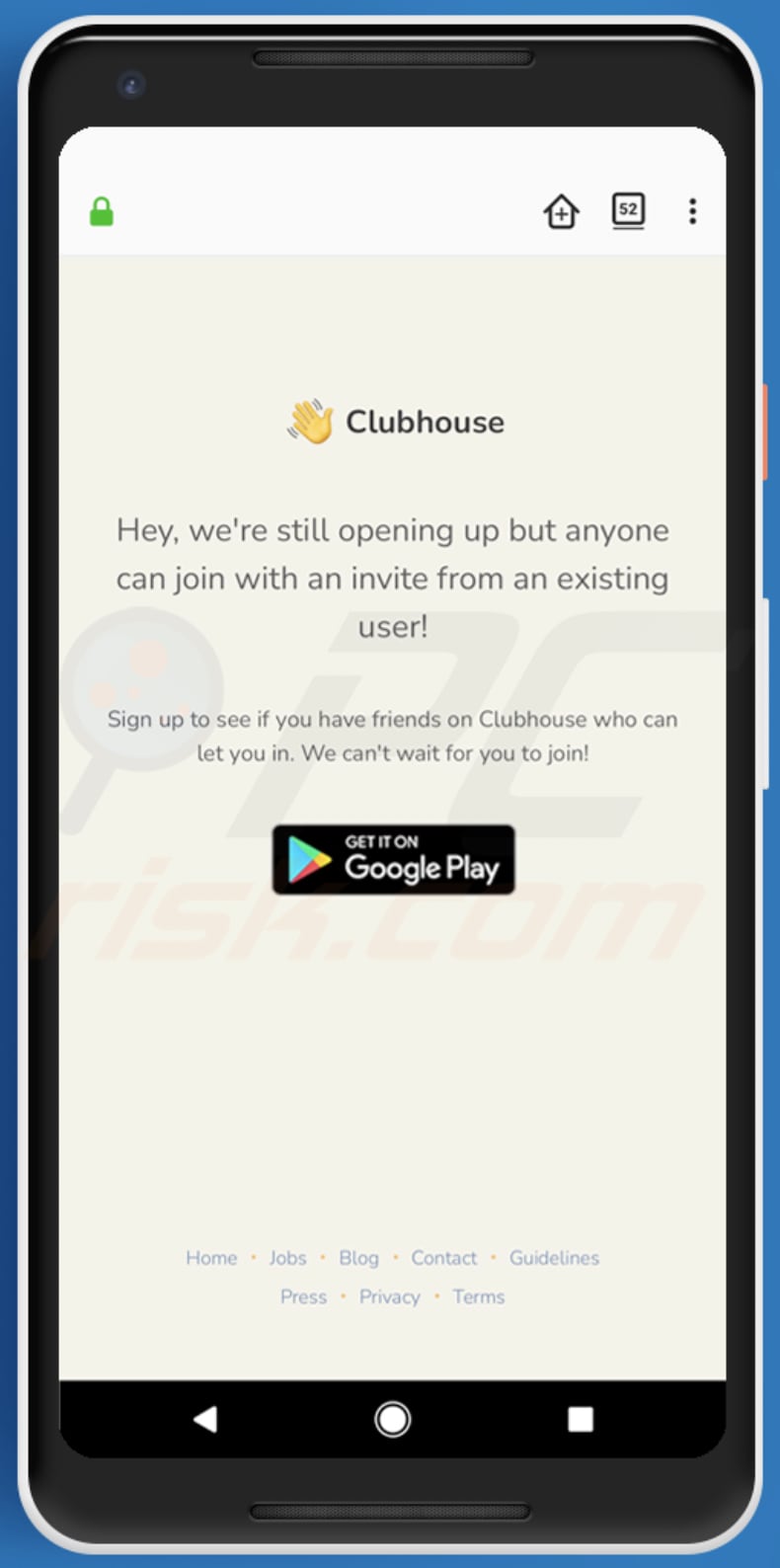 Screenshot della pagina di download di una falsa app Clubhouse utilizzata per distribuire BlackRock