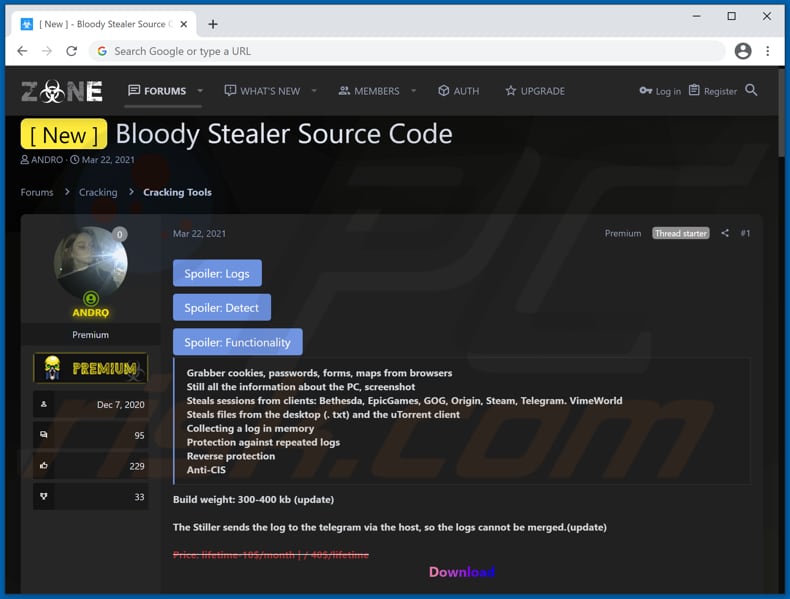 malware sanguinoso ladro in vendita sul forum degli hacker