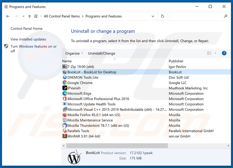 Disinstallazione di adware BookLot tramite il pannello di controllo