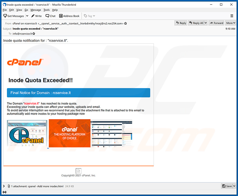 Ancora un'altra variante dell'email di spam a tema cPanel (2021-04-13)