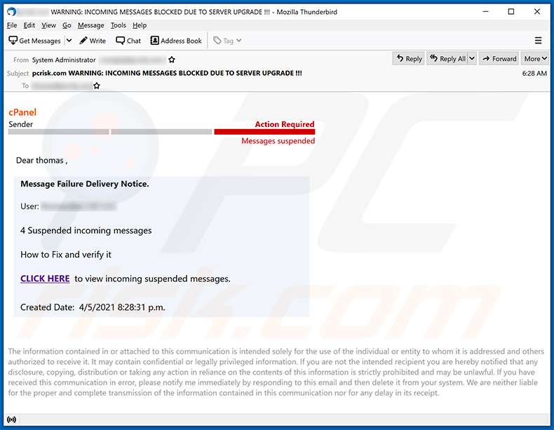 Un'altra email di spam a tema cPanel che afferma che l'utente ha messaggi in sospeso (2021-04-06)