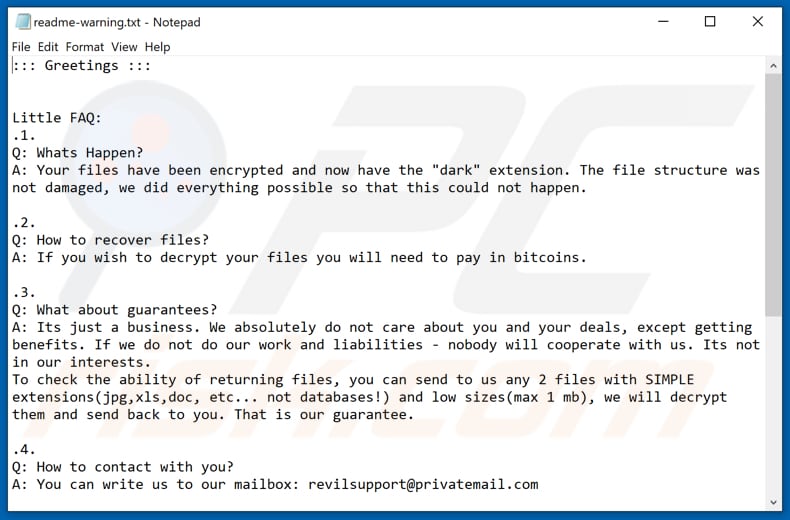 Istruzioni per la decrittografia di Dark (readme-warning.txt)