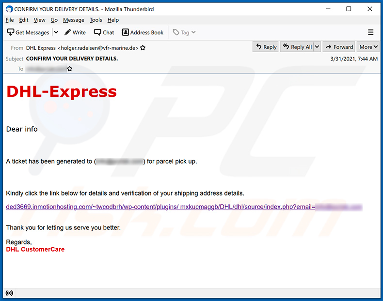 Un altro esempio di e-mail di spam a tema DHL Express che promuove un sito Web di phishing (2021-04-01)