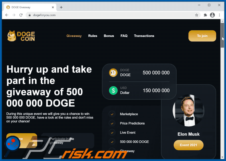 Un altro esempio di sito Web di truffa giveaway Doge a tema Elon Musk - dogeforyou.com (2021-04-20)