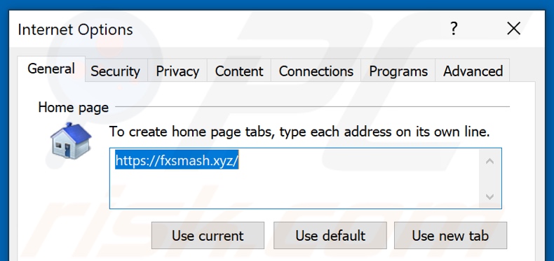 Rimozione di fxsmash.xyz dalla home page di Internet Explorer
