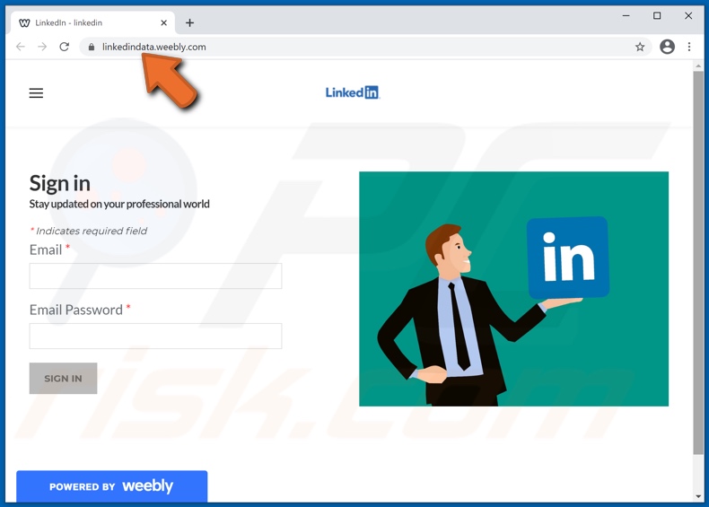 Falso sito Web di LinkedIn promosso da email di spam