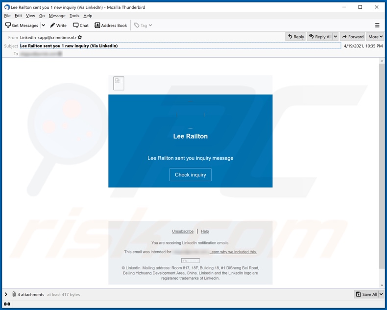 Campagna SPAM Email di LinkedIn (soggetto/titolo - Lee Railton ti ha inviato 1 nuova richiesta (tramite LinkedIn))