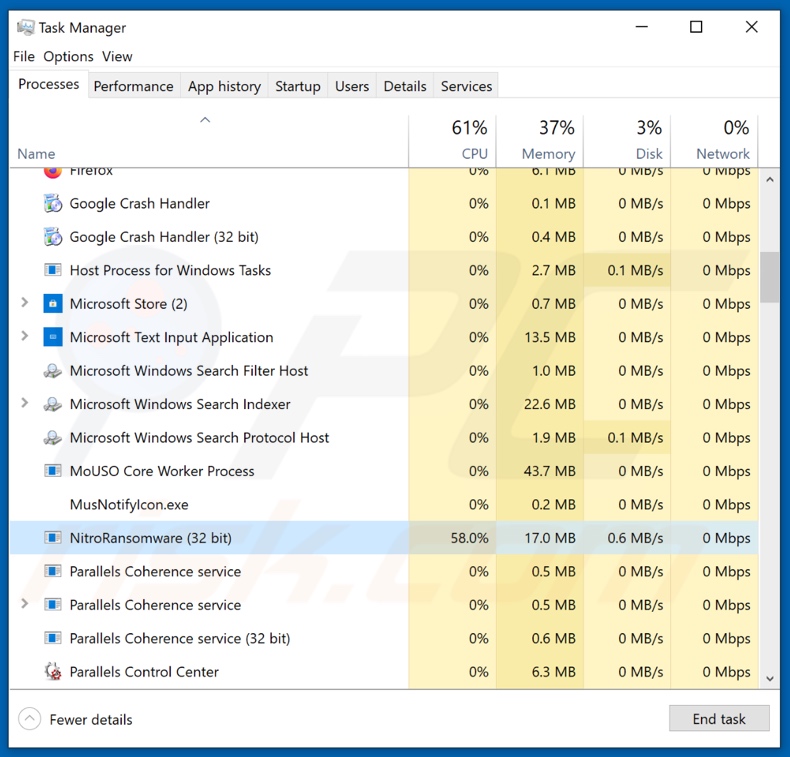 Screenshot del processo di Nitro ransomware su Task Manager di Windows (