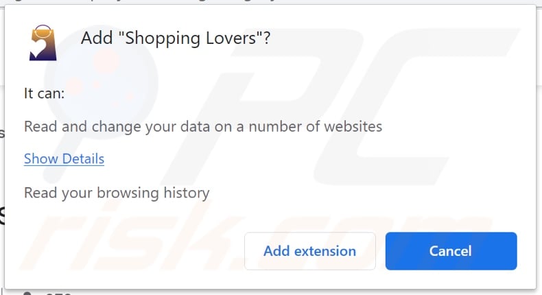 Shopping Lovers adware che chiede il permesso di tenere traccia dei dati