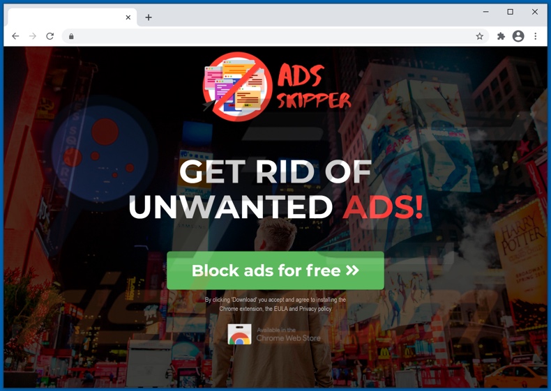 Schermata di un sito Web che promuove l'adware Shopping Lovers come blocco degli annunci