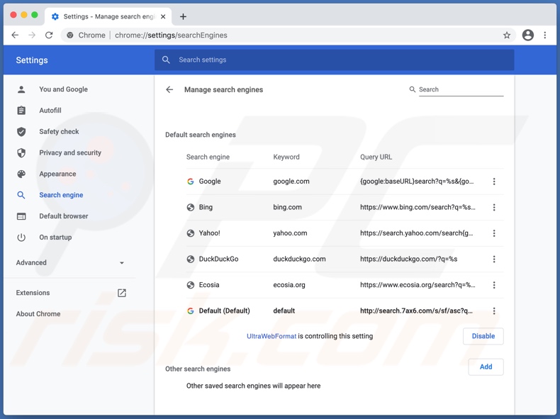UltraWebFormat ha assegnato un falso motore di ricerca (search.7ax6.com) impostato come predefinito in un browser Google Chrome
