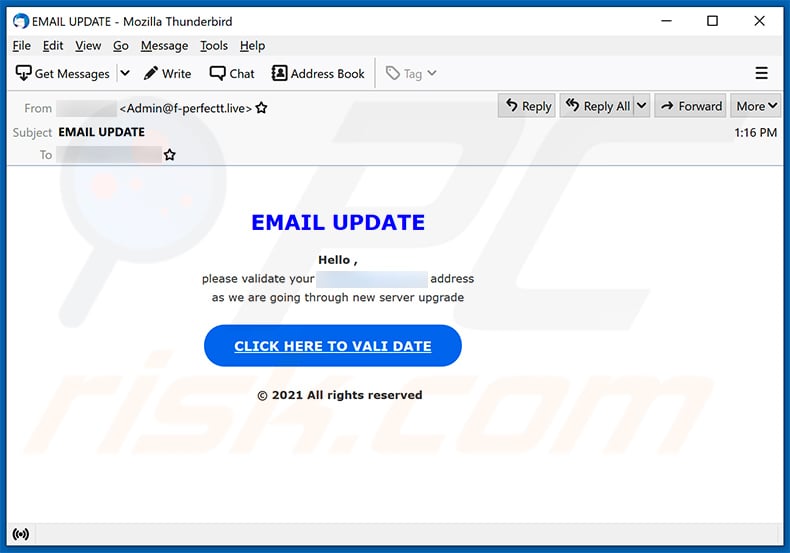 Un altro esempio di spam a tema di aggiornamento (aggiornamento) della posta elettronica utilizzato per promuovere un sito Web di phishing:e (2021-04-06)
