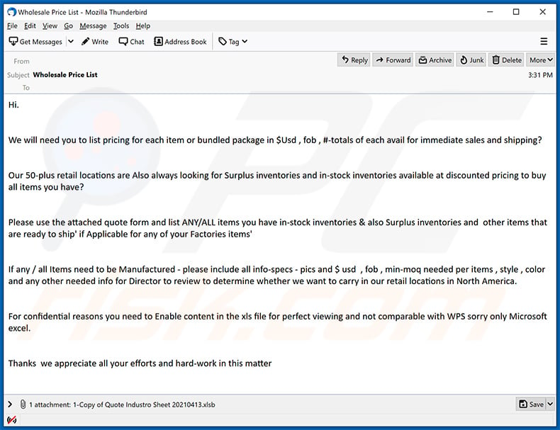 Esempio di un'e-mail di spam utilizzata per diffondere un documento MS Excel dannoso progettato per iniettare Warzone RAT nel sistema
