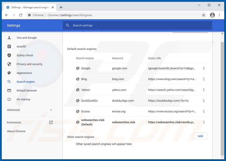 Rimozione di websearches.club dal motore di ricerca predefinito di Google Chrome