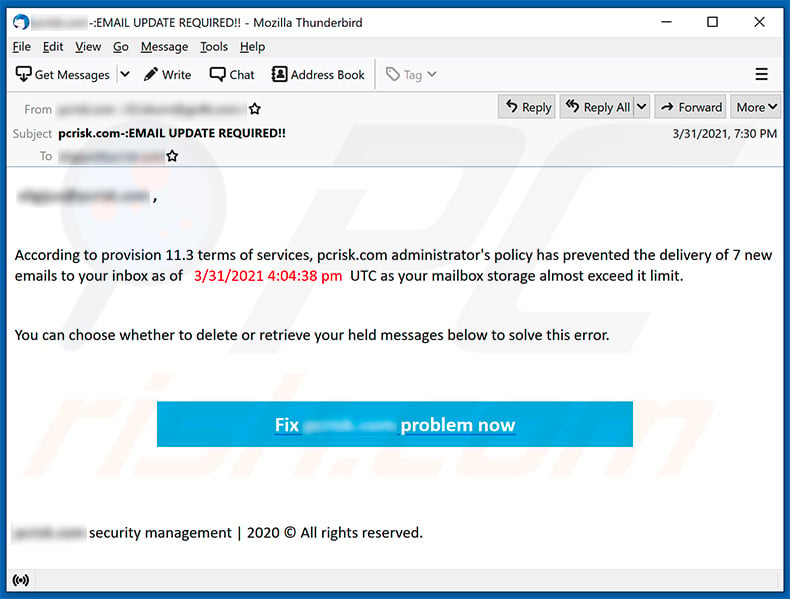 Un'altra variante dell'email di spam a tema di archiviazione email