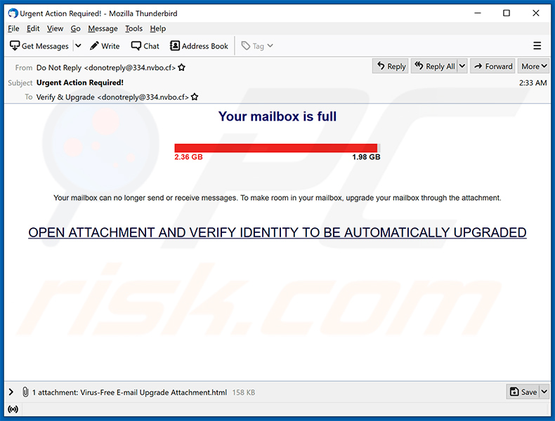 Ancora un'altra variante dell'email truffa Your Mailbox Is Full  (il file HTML allegato viene utilizzato per scopi di phishing - tutti i dati di input vengono inviati a un server remoto) (2021-04-15)