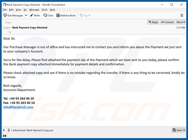 Bank Payment Copy malware- diffusione della campagna di spam email