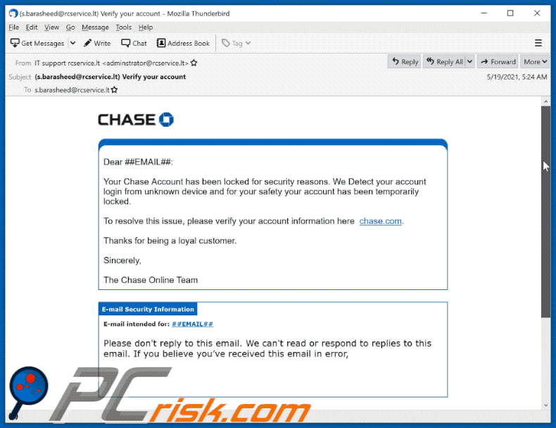 chase account has been locked aspetto truffa email
